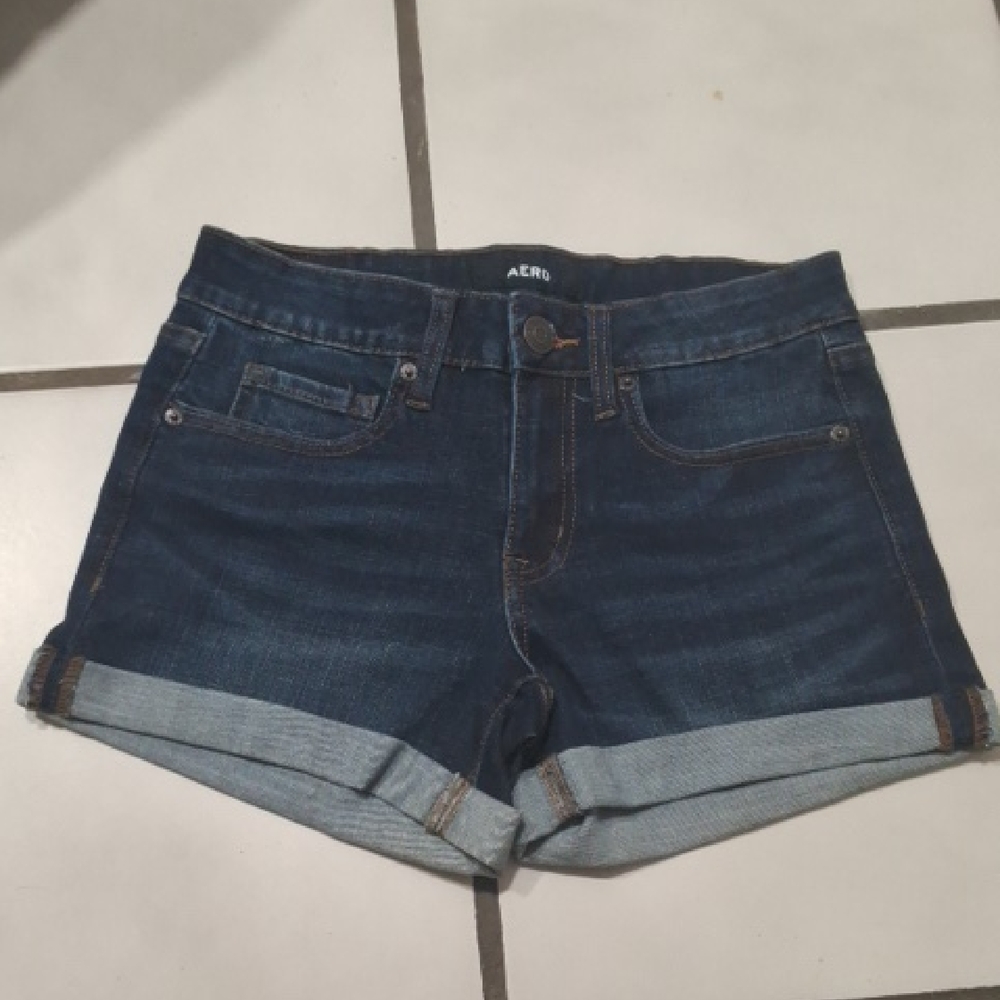 Aero Women's Rolled Hem Denim Shorts - Dark Blue. CAJA. # 7